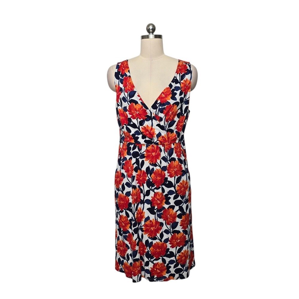 Garnet Hill Womens Floral V-Neck Sleeveless Faux Wrap Jersey Dress Orange Blue L